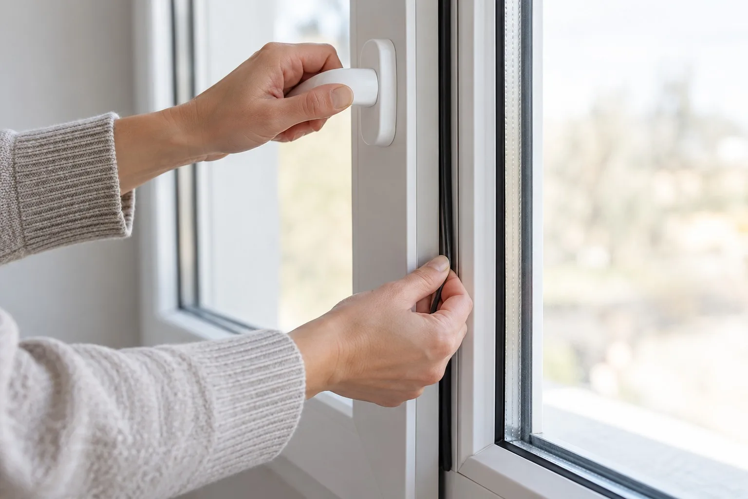 Anonyme Hände prüfen Fenstergriff und Dichtung